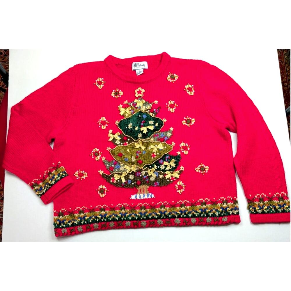 VTG 90s All Points Ugly Christmas Sweater Red 3D Knit Tree Beaded Embellished L